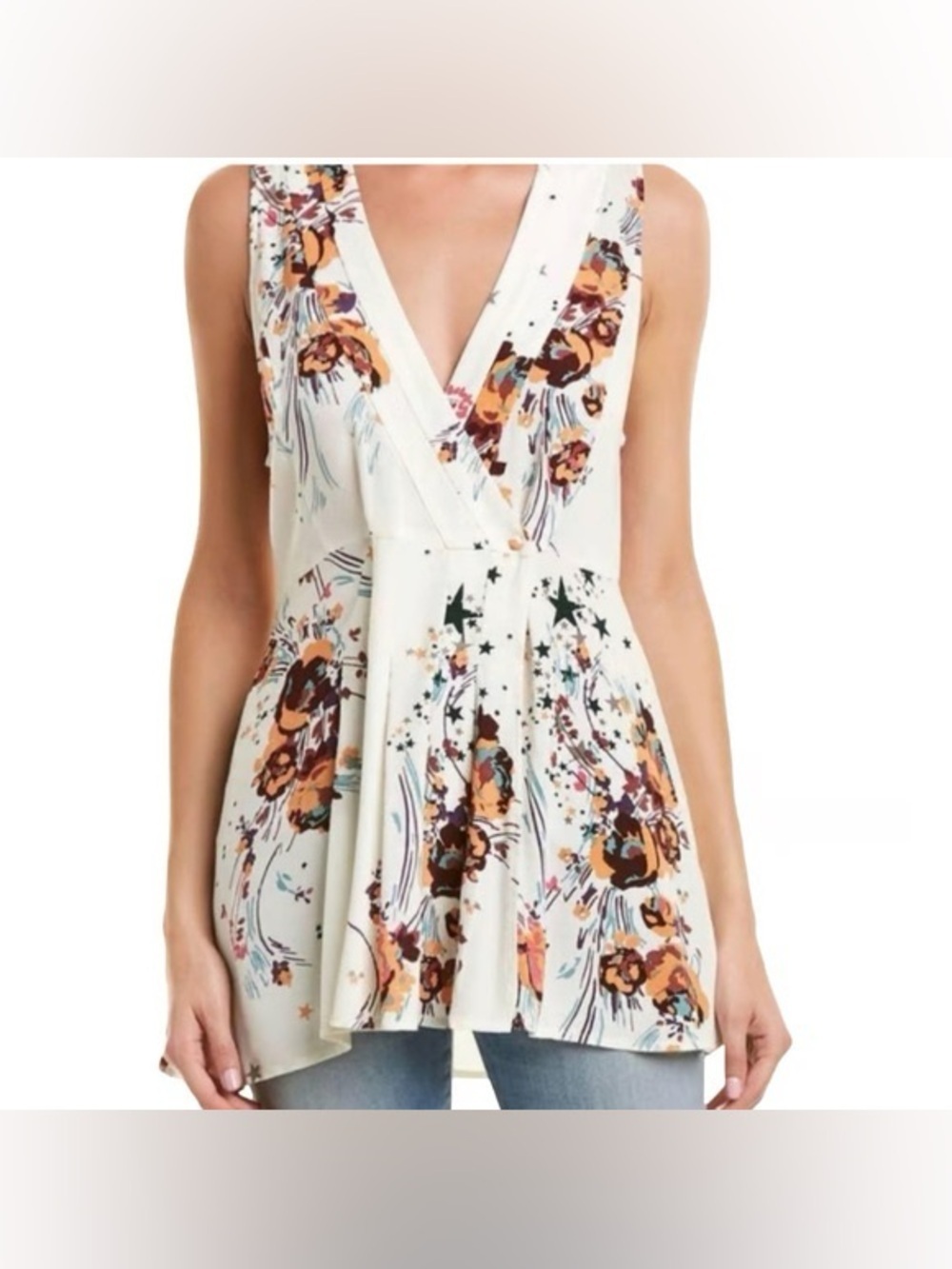 Free People Ivory Floral V-Neck Peplum Top, Size M
